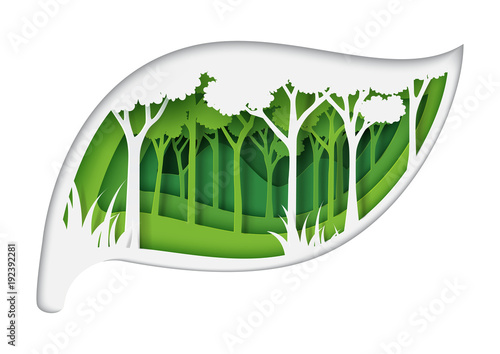 Green eco friendly forest nature landscape with ecology and environment conservation concept design with leaf shape of paper art style.Vector illustration.