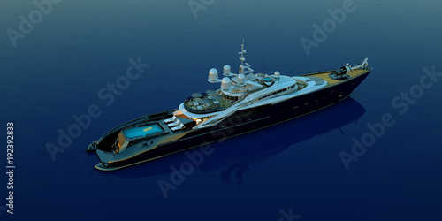 Fototapeta Naklejka Na Ścianę i Meble -  Extremely detailed and realistic high resolution 3D illustration of a luxury super yacht with a helicopter, a swimming pool and a jacuzzi