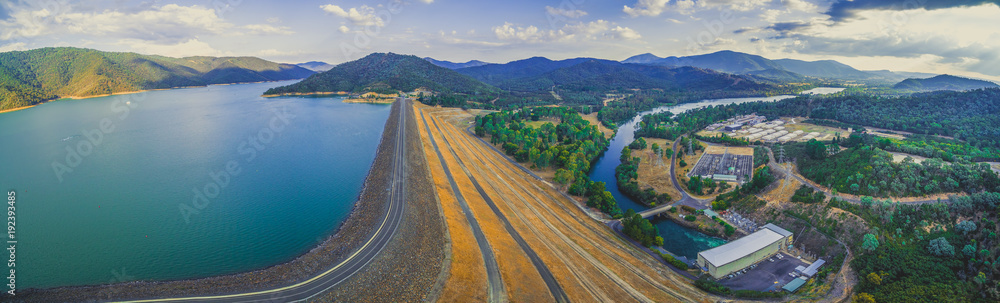 Scenic aerial panorama of Lake Eildon Dam and Goulburn River. Melbourne, Australia