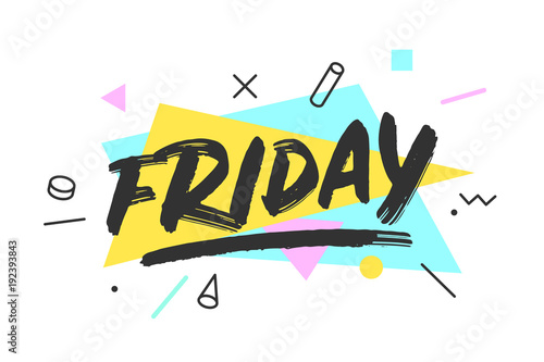 Friday. Banner, speech bubble, poster and sticker concept, memphis geometric style with text Friday. Icon message friday cloud talk for banner, poster, web. White background. Vector Illustration photo
