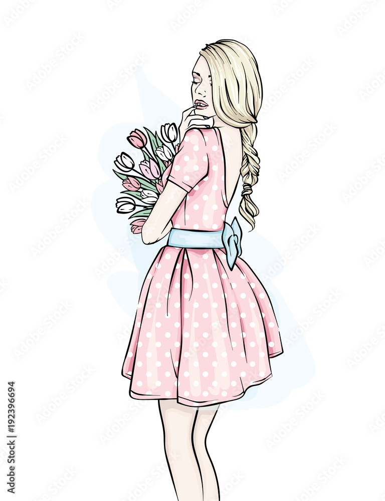 Young girl with long hair in a beautiful short dress. A bouquet of tulips. Vector illustration. Clothing, accessories, fashion and style. She's a slender woman.
Young girl with long hair in a beautiful short dress. A bouquet of tulips. Vector illustration. Clothing, accessories, fashion and style. She's a slender woman.