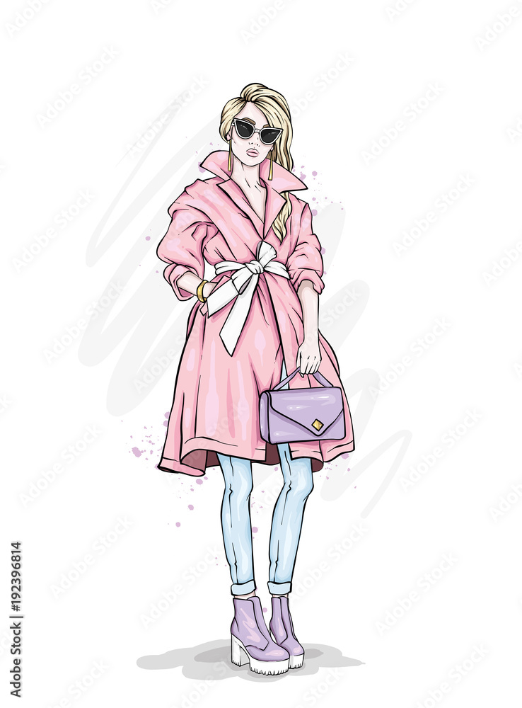 Beautiful, tall and slender girl in a stylish coat, trousers, glasses, with glasses. Stylish woman in high-heeled shoes. Fashion & Style. Vector illustration. Beautiful, tall and slender girl in a stylish coat, trousers, glasses, with glasses. Stylish woman in high-heeled shoes. Fashion & Style. Vector illustration.