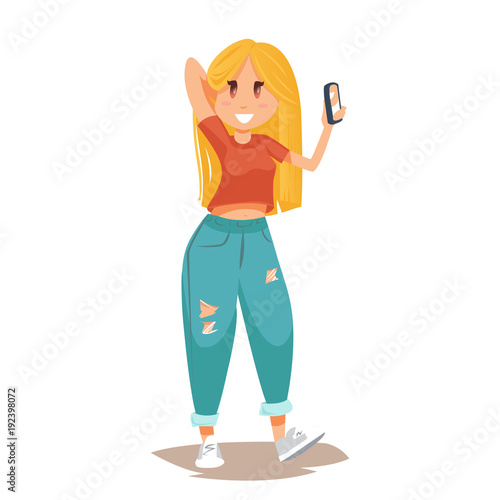 beautiful blonde girl holding her mobile phone and taking selfie.