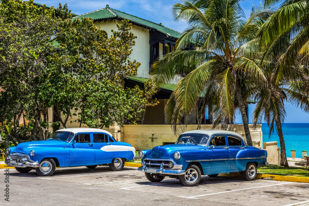 Zwei amerikanischer blau weisse Oldtimer mit weissem Dach parken unter Palmen am Strand von Varadero Kuba - HDR - Serie Cuba Reportage