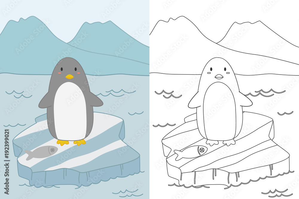 cute penguin standing on top of ice floe cartoon vector. Printable ...