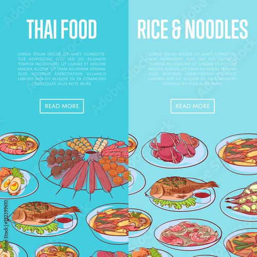 Thai cuisine flyers with delicious asian dishes. Restaurant advertising with tom yam soup, steamed rice, satay skewers, green curry, fish and crabs, noodles, green papaya salad vector illustration.