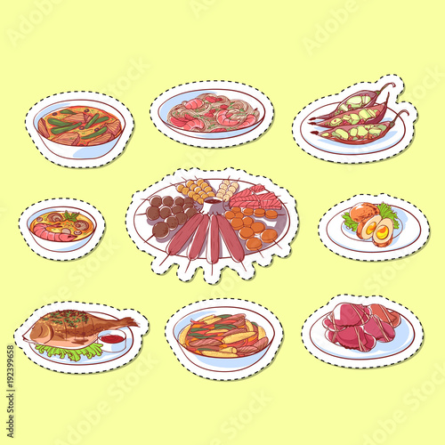 Thai cuisine dishes isolated labels. Tom yam soup, steamed rice, satay skewers, green curry, fish and crabs, noodles with shrimp and green papaya salad. Restaurant menu element vector illustration.