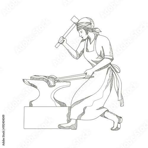 Doodle art illustration of a female blacksmith or metalsmith forging metal using a hammer and holding the steel with pliers on anvil done in mandala style.