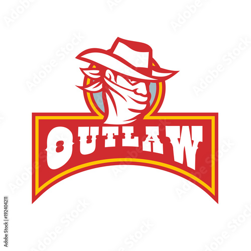 Retro style illustration of a cowboy outlaw or bandit wearing bandana covering his face with banner and text Outlaw on isolated background.