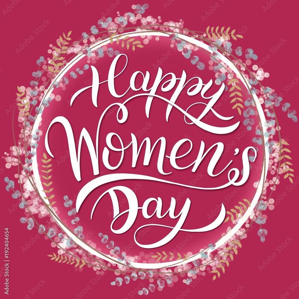 Happy Women's Day Greeting Cards. 8 March lettering with flowers wreath.