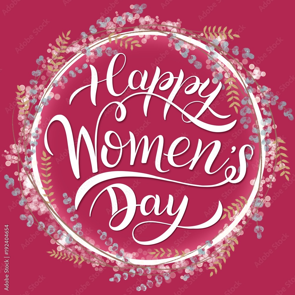 Happy Women's Day Greeting Cards. 8 March lettering with flowers wreath. Happy Women's Day Greeting Cards. 8 March lettering with flowers wreath.