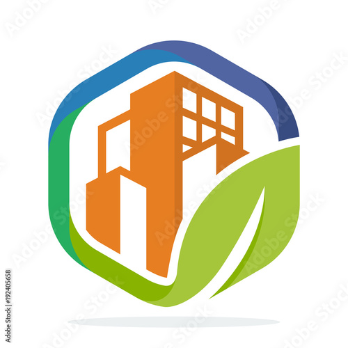 logo icon hexagon shape with the management concept of green cities