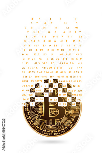 Vector bitcoin digital currency golden coin falling digits design