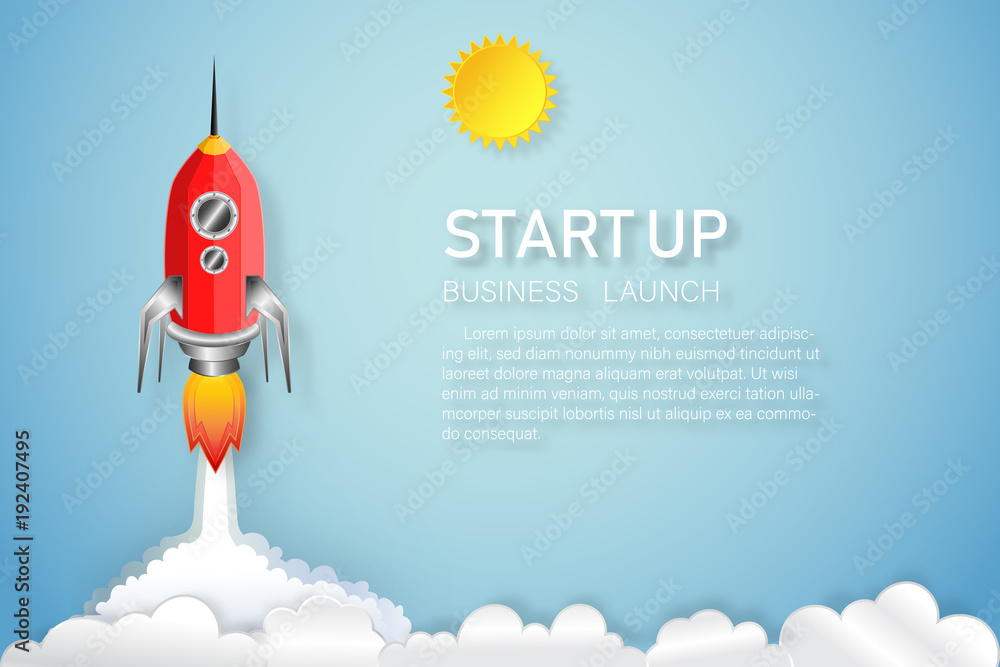 Red Rocket launch on the clouds and blue sky as paper art, craft style and business Startup project concept. flat design vector illustration. Red Rocket launch on the clouds and blue sky as paper art, craft style and business Startup project concept. flat design vector illustration.