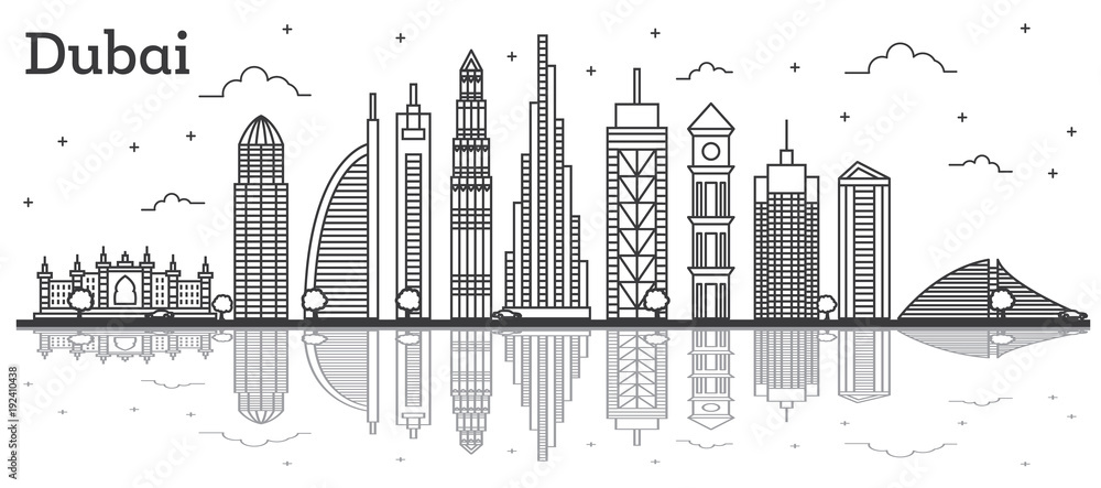 Outline Dubai UAE City Skyline with Modern Buildings and Reflections Isolated on White.