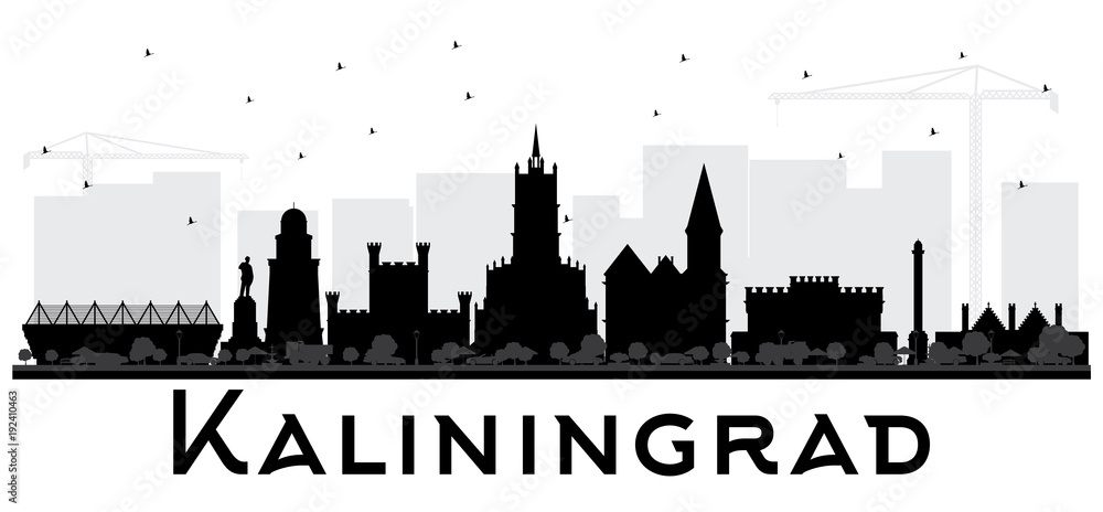 Kaliningrad Russia City Skyline Silhouette with Black Buildings.