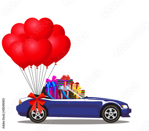 cartoon cabriolet car full of gifts and bunch of balloons