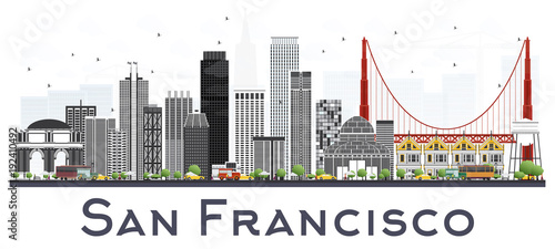 San Francisco USA City Skyline with Gray Buildings Isolated on White.