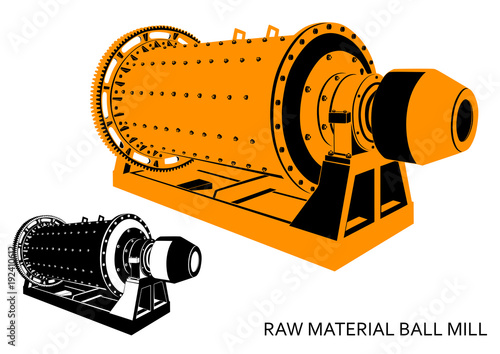raw material ball mill (isolated color yellow-black and monochrome graphic, 3\4 in perspective)