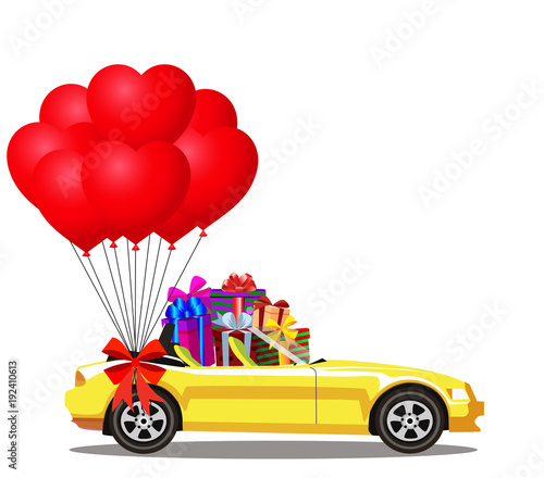 Yellow modern opened cartoon cabriolet car full of gift boxes
