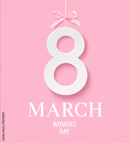 Happy Women's Day 8 March. Decorative white number 8 with pink bow. Vector illustration. International womens day design