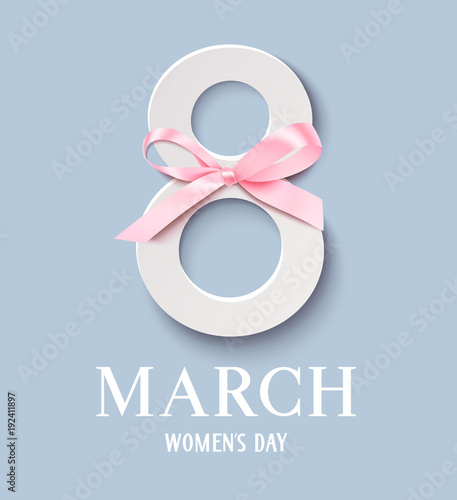 Happy Women's Day. Decorative 8 number with pink bow isolated on blue background. Vector illustration. International Womens Day design