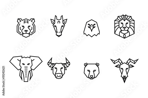 8 animal heads icons. Vector geometric illustrations of wild life animals.