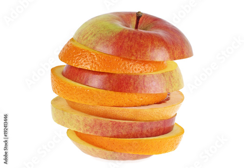 Mixed fruit on a white background - apple  orange and grapefruit.