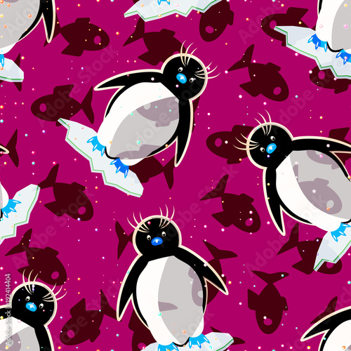  seamless pattern with penguins, snowflakes, fishes on pink