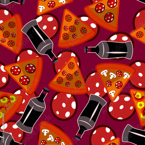  seamless pattern with pizza,  bottles and pepperony