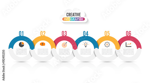 Template Timeline Infographic colored horizontal numbered for six position can be used for workflow, banner, diagram, web design, area chart.