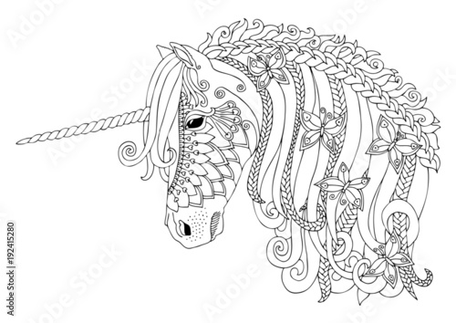 Unicorn with butterflies. Hand drawn fantasy horse. Sketch for anti-stress adult coloring book in zen-tangle style. Vector illustration for coloring page. 