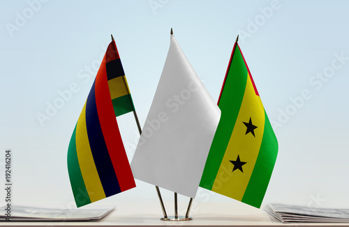 Flags of Mauritius and Sao Tome and Principe with a white flag in the middle