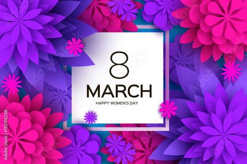 Ultra Violet Pink Paper Cut Flower. 8 March. Womens Day Greetings card. Origami Floral bouquet. Square frame. Text. Spring Seasonal Holidays on blue. Happy Mothers Day.