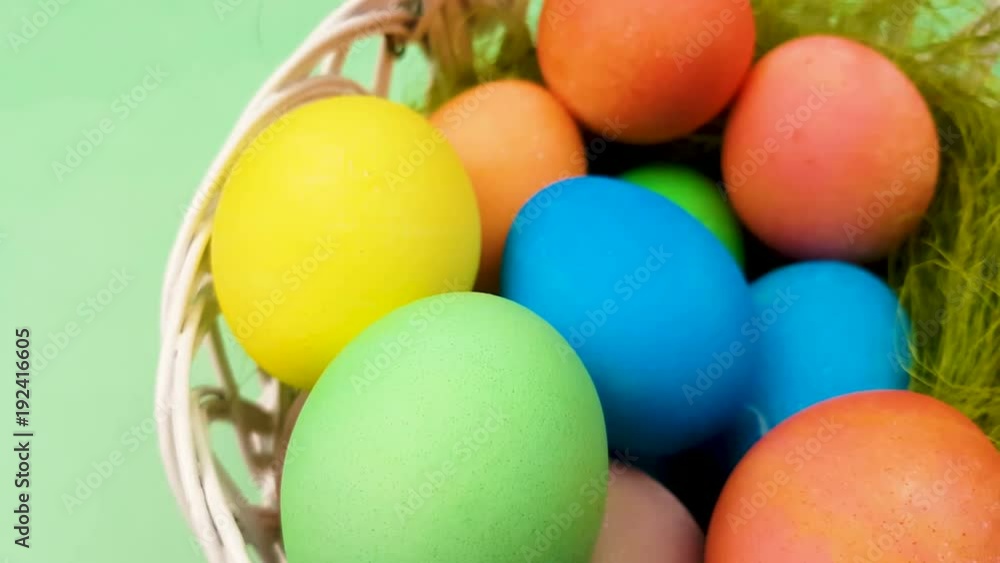 Easter color pastel eggs in basket. Close up on green background. Easter color pastel eggs in basket. Close up on green background.