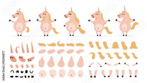 Set of cartoon fantastic unicorn elements for character animation. Icons with different faces, hair, hand, feet, face, body, emotions, views, gestures isolated on white background.