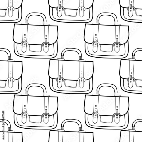 Fashionable handbags. Black and white seamless pattern of bags for coloring book.