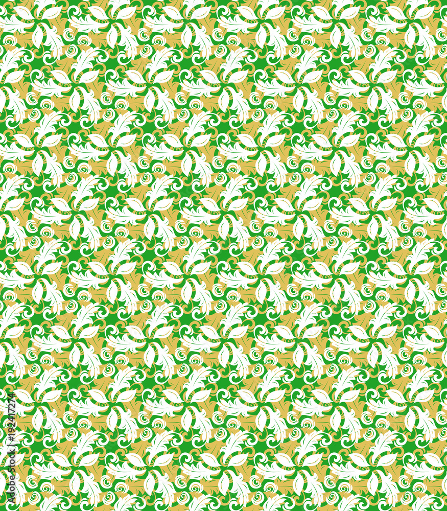 Floral vector golden and green ornament. Seamless abstract classic background with flowers. Pattern with repeating floral elements