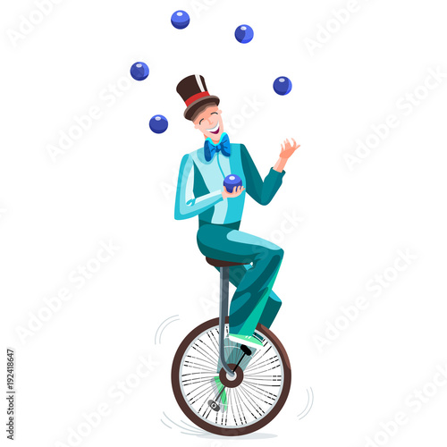 Juggler on a unicycle. Circus man in a cylinder juggles balls. Vector illustration.