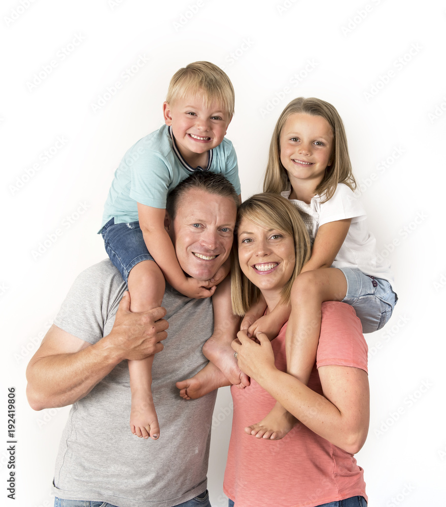 happy and beautiful American family with husband and wife carrying on their back little son and lovely young daughter in love parents and children