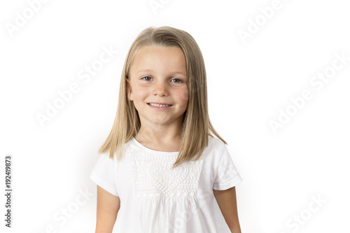 head shot portrait of sweet and beautiful 7 years old young girl with blond  hair smiling happy posing isolated on white background Stock Photo | Adobe  Stock