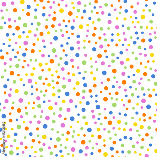 Colorful polka dots seamless pattern on white 2 background. Splendid classic colorful polka dots textile pattern. Seamless scattered confetti fall chaotic decor. Abstract vector illustration.