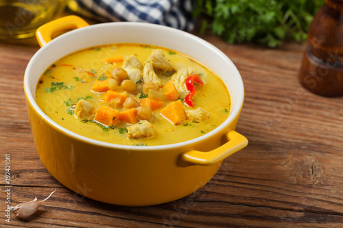 Sweet potato soup with chicken and lentils.
