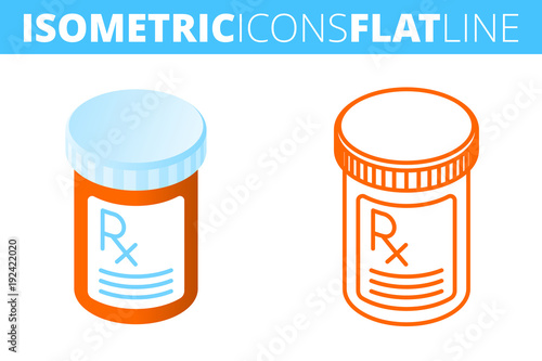 The pill bottle. Isometric flat and outline icon set. The pharmacy, medicine, cure, drug, orange container line pictogram. Vector linear infographic element. The pharmaceutical 3d and outlined symbols