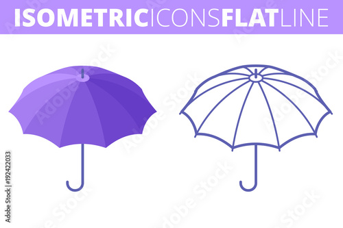 The umbrella. Isometric flat and outline icon set. The security and protection concept line pictogram collection. Vector linear infographic elements. The rain protection 3d and outlined symbols.