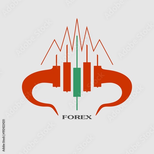 Logo candlestick trading chart analyzing in forex stock market. Exchange broker emblem. Bull horns and candles