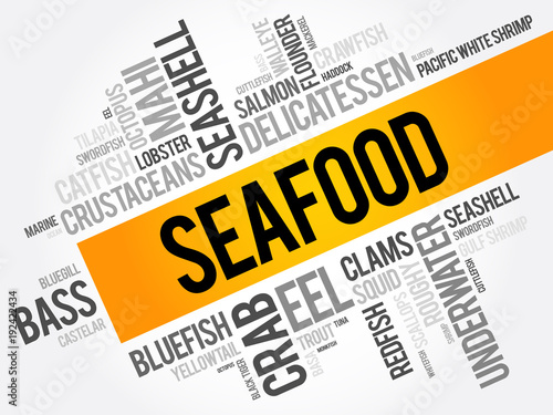 Seafood word cloud collage, food concept background