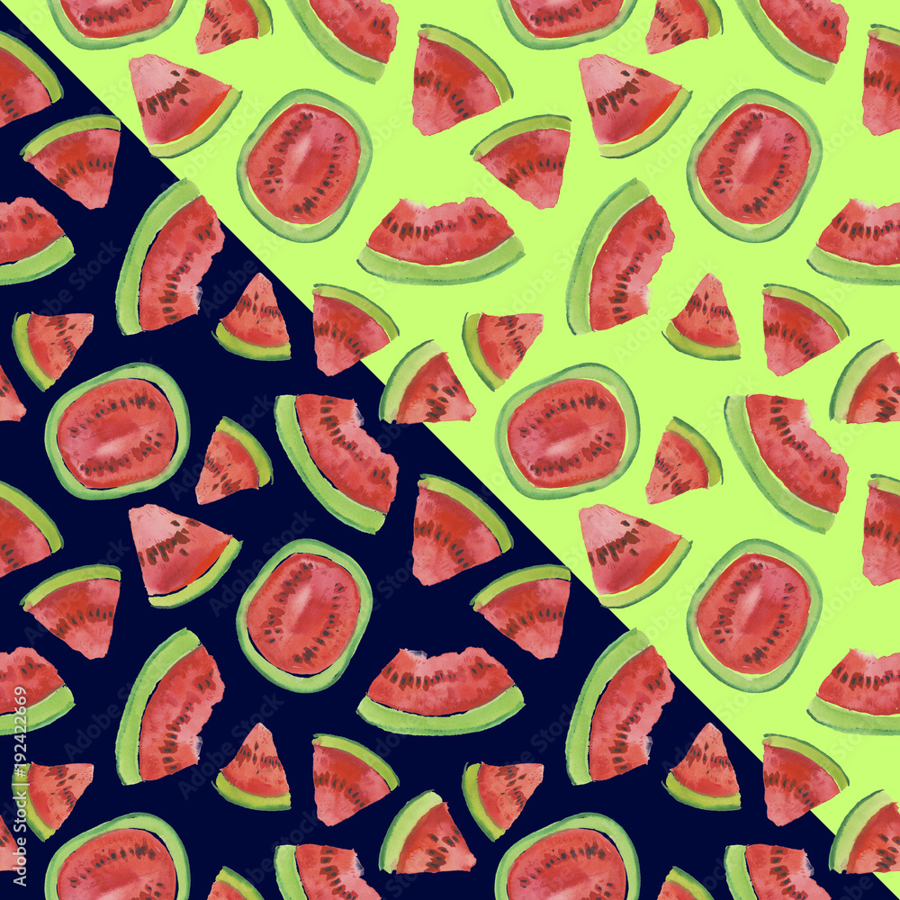 Trendy fruit pattern. Artistic Watermelon background. Watercolor watermelon seamless pattern. Hand painted texture with summer fruit on white background. Healthy food wallpaper design, juice label. Trendy fruit pattern. Artistic Watermelon background. Watercolor watermelon seamless pattern. Hand painted texture with summer fruit on white background. Healthy food wallpaper design, juice label.