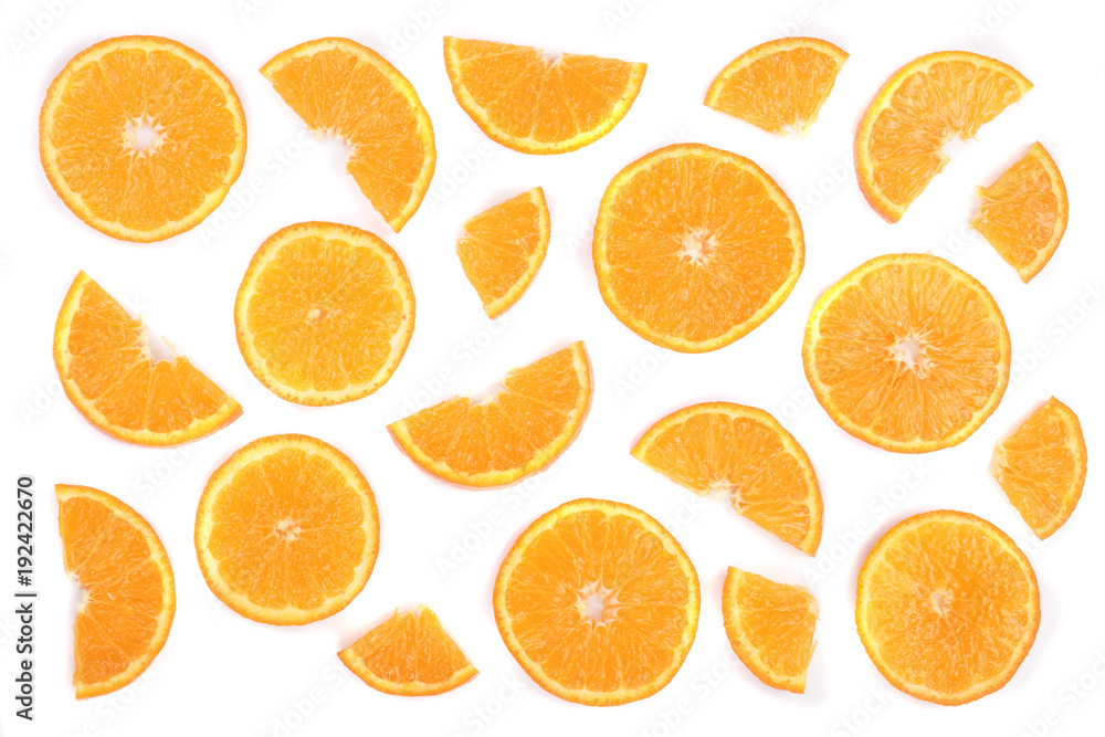 Slices of orange or tangerine isolated on white background. Flat lay, top view. Fruit composition Slices of orange or tangerine isolated on white background. Flat lay, top view. Fruit composition