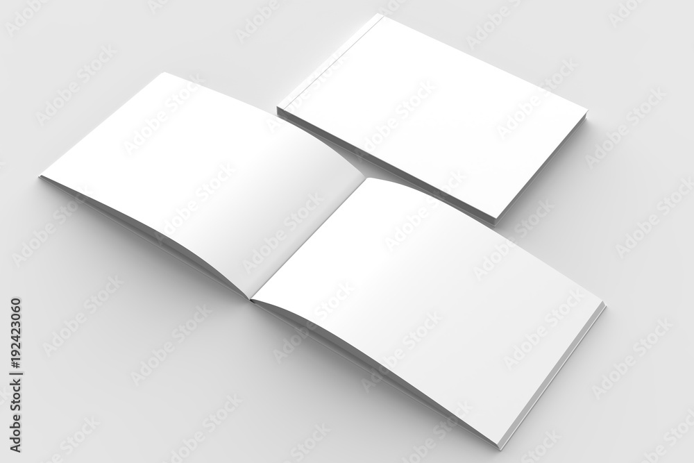 Horizontal - landscape hardcover brochure, book or catalog mock up isolated on soft gray background. 3D illustrating. Horizontal - landscape hardcover brochure, book or catalog mock up isolated on soft gray background. 3D illustrating.
